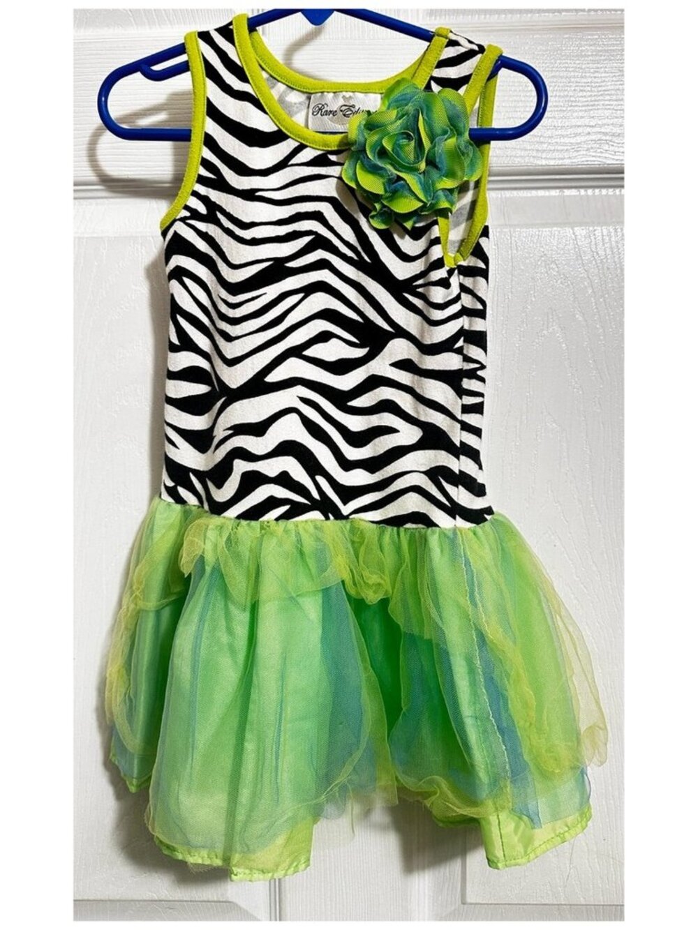 Rare Editions Girl's Dress Zebra Pattern with Green Ruffles & Flower Size 3T/3
